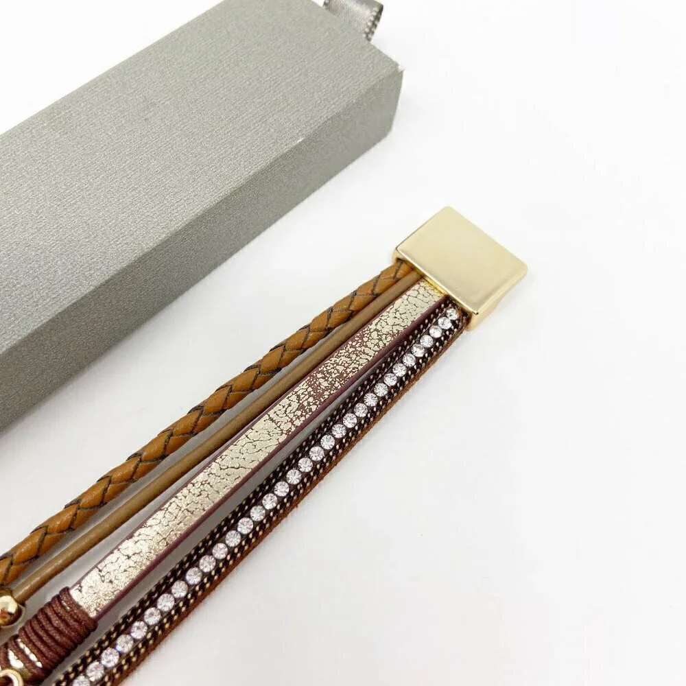 BTYSUN | Brown Leather Gold Tone Beaded Wrap Bracelet Magnetic Closure